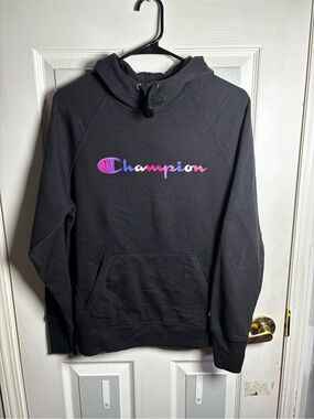 Champion ladies Black Hoodie with Pink-Purple Logo